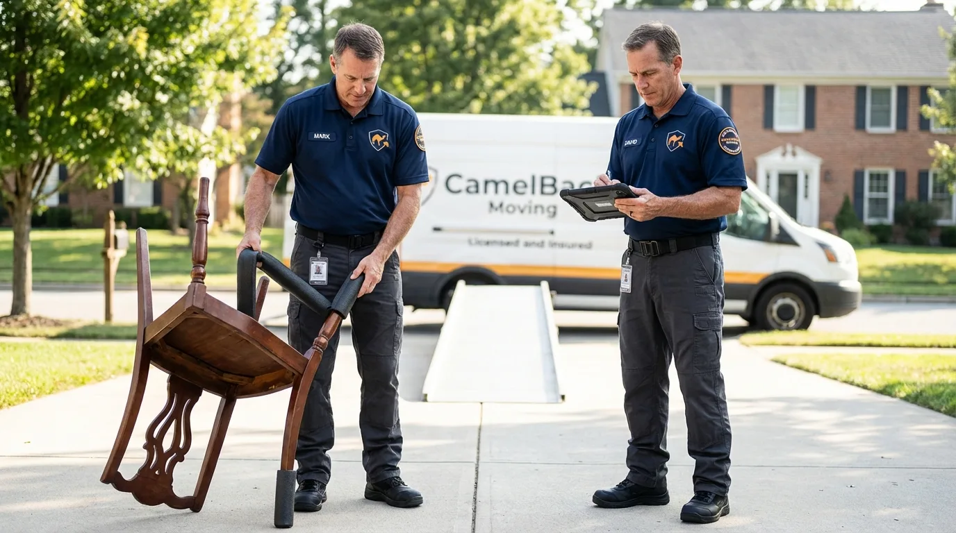 Movers inspecting furniture for damage prevention before loading in Saint Johnsbury, VT