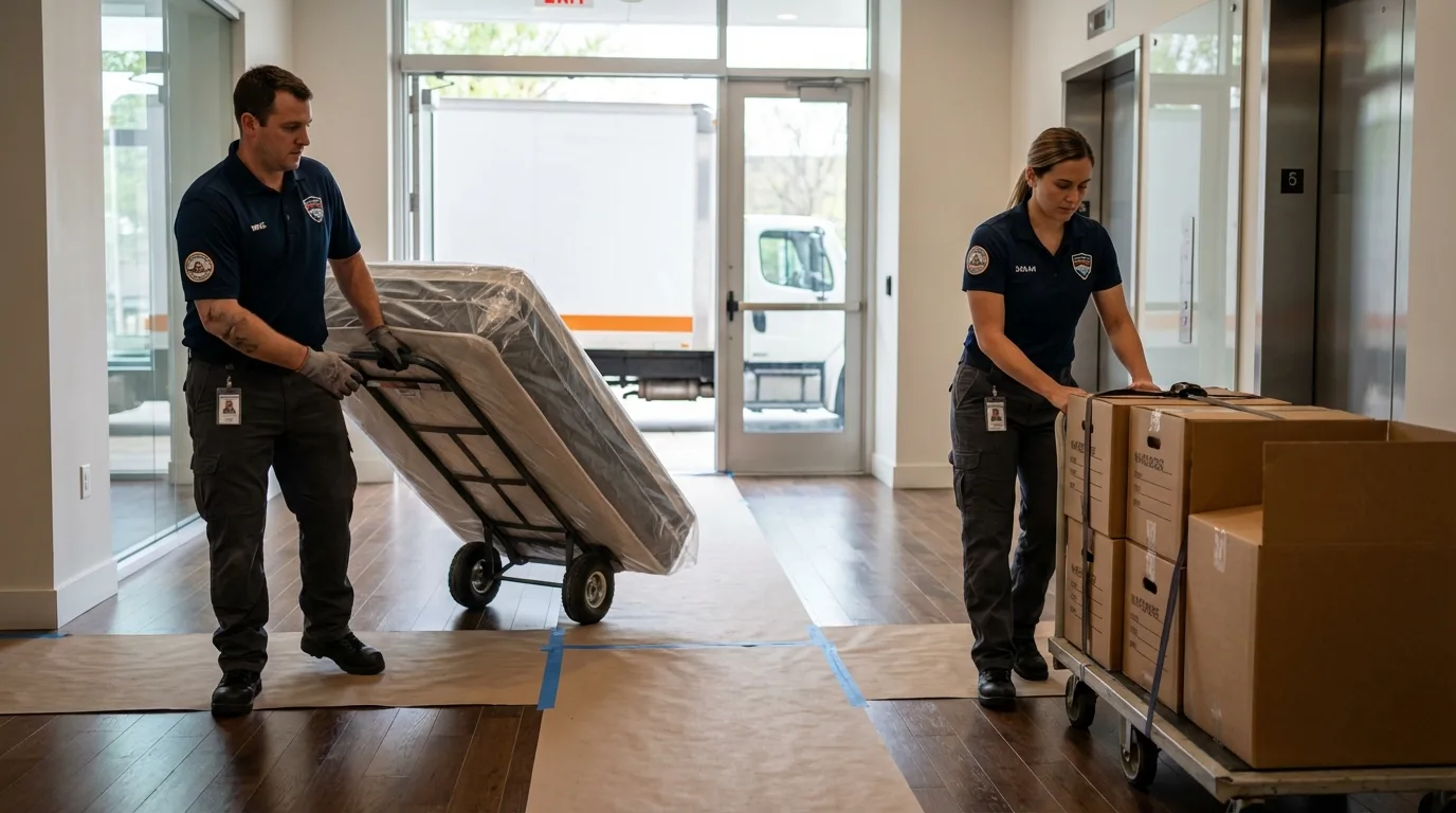 Professional apartment movers loading elevator in Saint Johnsbury, VT