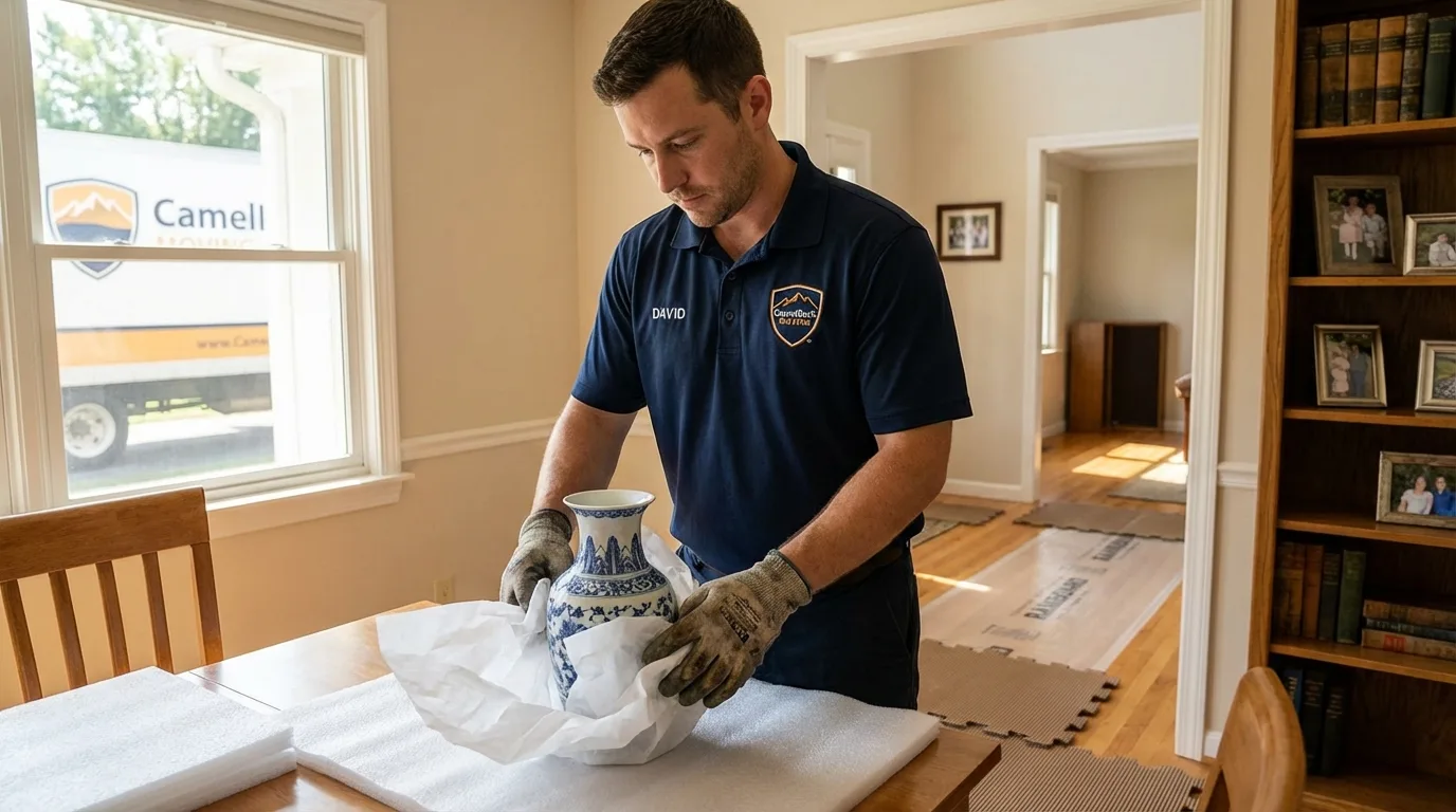 Professional crew carefully wrapping antique vase for senior downsizing move in Saint Johnsbury, VT